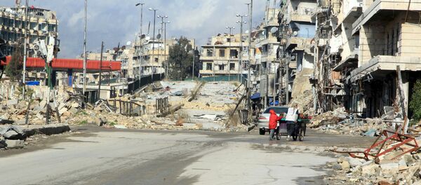 Residents push a cart near al-Shaar bridge in Aleppo's al-Shaar neighborhood, Syria, January 19, 2016. Picture taken January 19, 2016 - Sputnik International