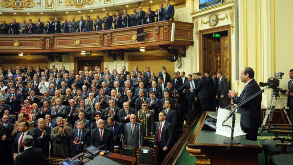 In this photo provided by Egypt's state news agency MENA, Egyptian President Abdel-Fattah el-Sissi, addresses parliament in Cairo, Egypt, Saturday, Feb. 13, 2016 - Sputnik International