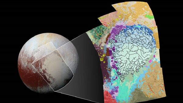 This map of the left side of Pluto’s heart-shaped feature uses colors to represent Pluto’s varied terrains, which helps scientists understand the complex geological processes at work - Sputnik International