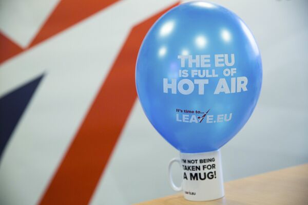 A branded balloon and mug are seen in the office of pro-Brexit group pressure group Leave.eu in London, Britain. A branded balloon and mug are seen in the office of pro-Brexit group pressure group Leave.eu in London, Britain. - Sputnik International