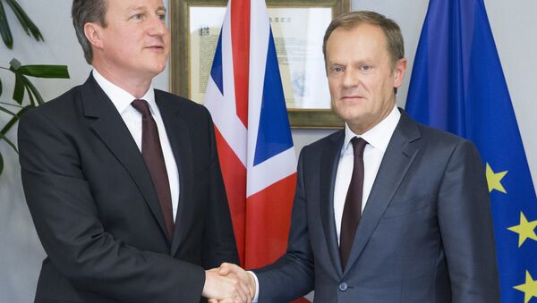 British Prime Minister David Cameron (L) and EU Council President Donald Tusk shake hands prior to their meeting ahead of an EU summit, at the EU Council in Brussels on June 25, 2015. - Sputnik International