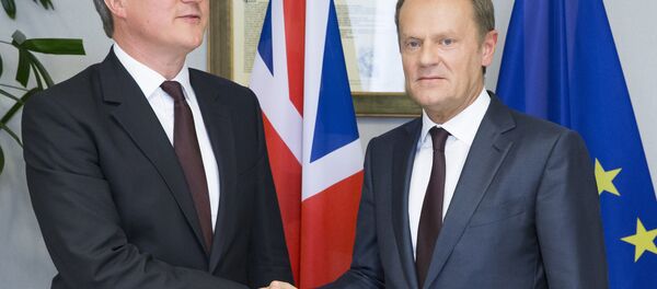 British Prime Minister David Cameron (L) and EU Council President Donald Tusk shake hands prior to their meeting ahead of an EU summit, at the EU Council in Brussels on June 25, 2015. British Prime Minister David Cameron (L) and EU Council President Donald Tusk shake hands prior to their meeting ahead of an EU summit, at the EU Council in Brussels on June 25, 2015. - Sputnik International