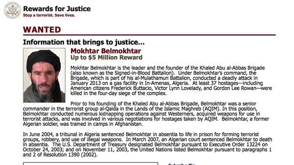This wanted poster from the website of the U.S. State Department's Rewards For Justice program shows a mugshot of Mokhtar Belmokhtar, charged with leading the attack on a gas plant in Algeria in 2013 that killed at least 35 hostages, including three Americans - Sputnik International