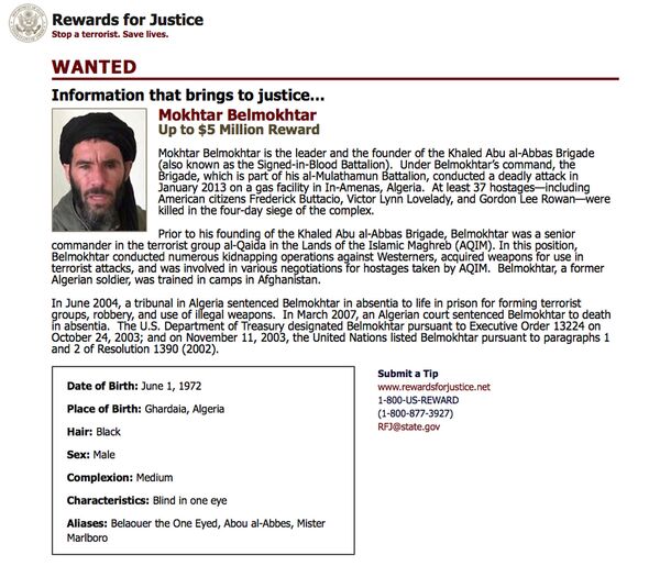 This wanted poster from the website of the US State Department's Rewards For Justice program shows a mugshot of Mokhtar Belmokhtar. - Sputnik International