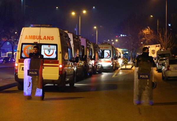 Turkish police secure the site of an explosion after an attack targeted a convoy of military service vehicles in Ankara on February 17, 2016 Turkish police secure the site of an explosion after an attack targeted a convoy of military service vehicles in Ankara on February 17, 2016 - Sputnik International