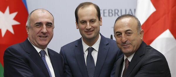 Foreign Ministers Elmar Mammadyarov (L) of Azerbaijan, Mikheil Janelidze (C) of Georgia and Mevlut Cavusoglu of Turkey pose for photograph after their meeting in Tbilisi, Georgia, February 19, 2016 Foreign Ministers Elmar Mammadyarov (L) of Azerbaijan, Mikheil Janelidze (C) of Georgia and Mevlut Cavusoglu of Turkey pose for photograph after their meeting in Tbilisi, Georgia, February 19, 2016 - Sputnik International