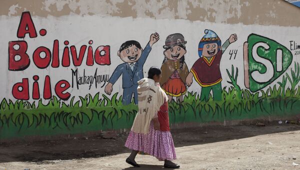 An Aymara woman walks past a mural that reads in Spanish Tell Bolivia Yes, in favor of President Evo Morales, in El Alto, Bolivia, Saturday, Feb. 20, 2016 - Sputnik International