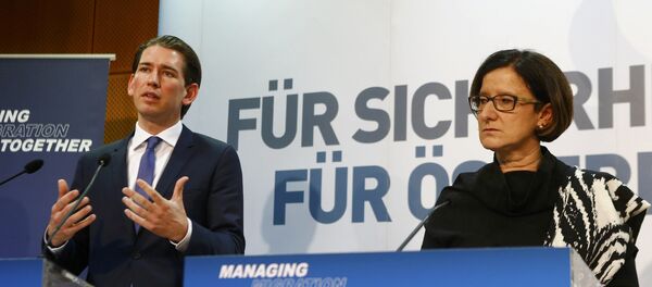 Austrian Foreign Minister Sebastian Kurz (L) and Interior Minister Johanna Mikl-Leitner address a news conference after the conference Managing Migration Together in Vienna, Austria, February 24, 2016. Austrian Foreign Minister Sebastian Kurz (L) and Interior Minister Johanna Mikl-Leitner address a news conference after the conference Managing Migration Together in Vienna, Austria, February 24, 2016. - Sputnik International