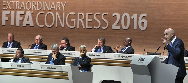 UEFA Secretary general Gianni Infantino, a FIFA presidential contender, speaks at the FIFA extraordinary congress in Hallenstadion, Zurich - Sputnik International
