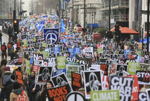 Protesters take part in a protest against the Trident nuclear missile system in London, February 27, 2016. Protesters take part in a protest against the Trident nuclear missile system in London, February 27, 2016. - Sputnik International