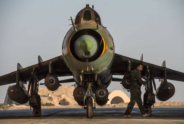 Su-22 fighter jet at the Syrian Air Force base in Homs province Su-22 fighter jet at the Syrian Air Force base in Homs province - Sputnik International