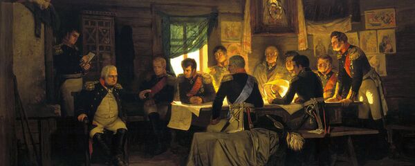 Kutuzov at the historic Fili conference, deciding to open Moscow to Napoleon. Painting by Aleksey Kivshenko - Sputnik International