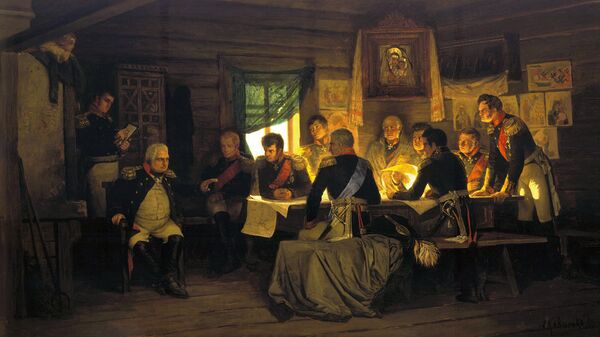 Kutuzov at the historic Fili conference, deciding to open Moscow to Napoleon. Painting by Aleksey Kivshenko - Sputnik International
