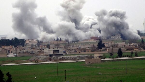 A picture taken on February 27, 2016 in Akcakale in Sanliurfa province shows smoke rising from the neightbourhood of Syrian city Tel Abyad during clashes between Islamic State Group and People's Protection Units (YPG) - Sputnik International