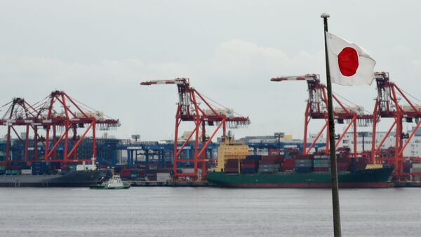 A Japanese national flag is seen in the foreground as international freighters are docked in Tokyo port on June 8, 2015 - Sputnik International