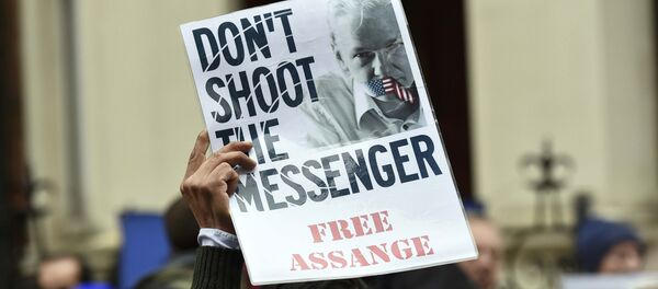 A supporter holds up a poster of WikiLeaks founder Julian Assange outside the Ecuadorian embassy in central London, Britain February 5, 2016. A supporter holds up a poster of WikiLeaks founder Julian Assange outside the Ecuadorian embassy in central London, Britain February 5, 2016. - Sputnik International
