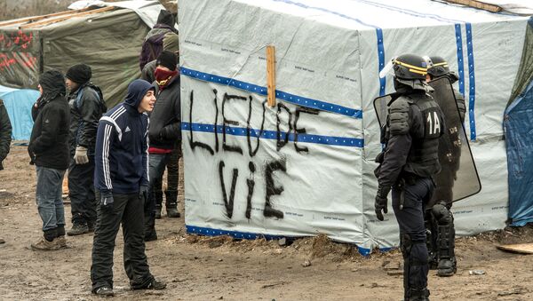A migrant (L) talks to an anti-riot policeman during the dismantling of half of the Jungle migrant camp in the French northern port city of Calais, on March 1, 2016. - Sputnik International