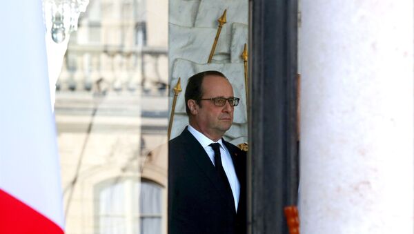 French President Francois Hollande stands in the entrance of the Elysee Palace following the weekly cabinet meeting in Paris, France, March 2, 2016. - Sputnik International