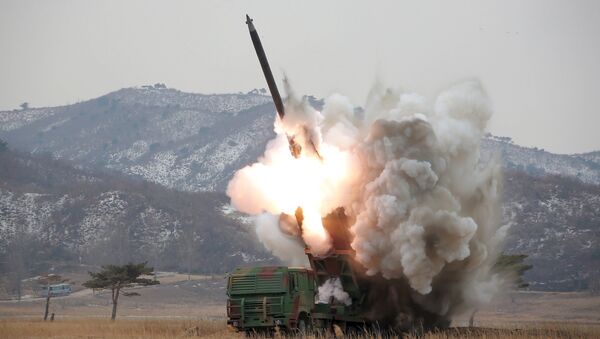 A new multiple launch rocket system is test fired in this undated photo released by North Korea's Korean Central News Agency (KCNA) in Pyongyang March 4, 2016 - Sputnik International