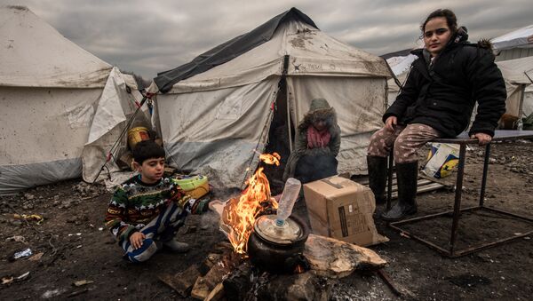 Young migrants get warm around a brazier in the migrants camp of Grande-Synthe, near Dunkirk, on January 20, 2016, where almost some 2,500 migrants and refugees live, mostly Iraqi Kurds and Syryans - Sputnik International