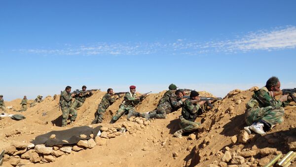 Syrian Army soldiers take positions on the outskirts of Syria's Raqqa region on February 19, 2016 - Sputnik International