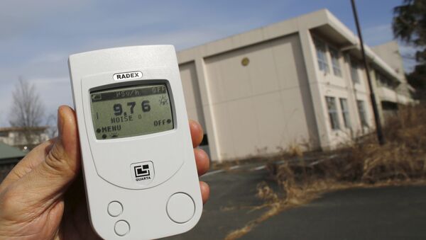 Reuters reporter measures a radiation level of 9.76 microsieverts per hour in front of Kumamachi Elementary School inside the exclusion zone in Okuma, near Tokyo Electric Power Co's (TEPCO) tsunami-crippled Fukushima Daiichi nuclear power plant, Fukushima Prefecture, Japan, February 13, 2016 - Sputnik International