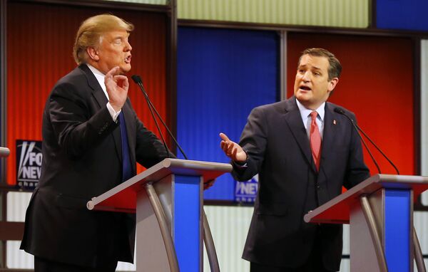 Republican presidential candidates, businessman Donald Trump and Republican presidential candidate, Sen. Ted Cruz, R-Texas, argue a point during a Republican presidential primary debate at Fox Theatre, Thursday, March 3, 2016, in Detroit. Republican presidential candidates, businessman Donald Trump and Republican presidential candidate, Sen. Ted Cruz, R-Texas, argue a point during a Republican presidential primary debate at Fox Theatre, Thursday, March 3, 2016, in Detroit. - Sputnik International
