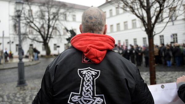 A supporter of a far-right organization attends the event called the 'Day of Honour' on the Kapisztran Square in Budapest, Hungary, Saturday, Feb. 13, 2016 - Sputnik International