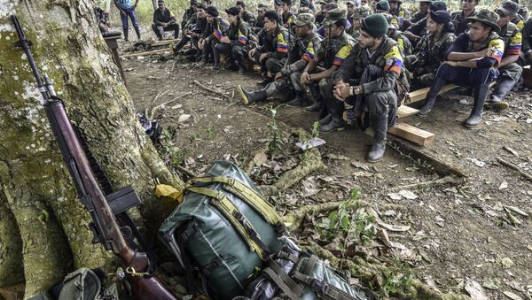 Revolutionary Armed Forces of Colombia (FARC) guerrillas listen during a class on the peace process between the Colombian government and their force, at a camp in the Colombian mountains. (File) - Sputnik International