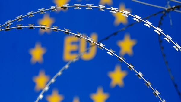 Razor wire is seen in front of an European Union (EU) sign during a protest against barbed wire fences along the border crossing between Slovenia and Croatia in Brezovica pri Gradinu, Slovenia, in this file picture taken December 19, 2015. - Sputnik International
