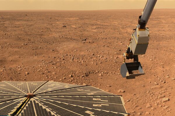 This NASA handout image, released on June 13, 2008 shows the Robotic Arm on NASA's Phoenix Mars Lander with a sample of martian soil as it prepares to move to the spacecraft's microscope station. This NASA handout image, released on June 13, 2008 shows the Robotic Arm on NASA's Phoenix Mars Lander with a sample of martian soil as it prepares to move to the spacecraft's microscope station. - Sputnik International