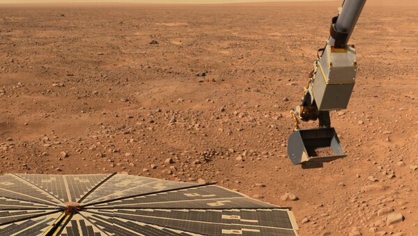 This NASA handout image, released on June 13, 2008 shows the Robotic Arm on NASA's Phoenix Mars Lander with a sample of martian soil as it prepares to move to the spacecraft's microscope station. - Sputnik International