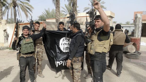 Iraqi security forces celebrate as they hold a captured flag of the Islamic State group (File) - Sputnik International
