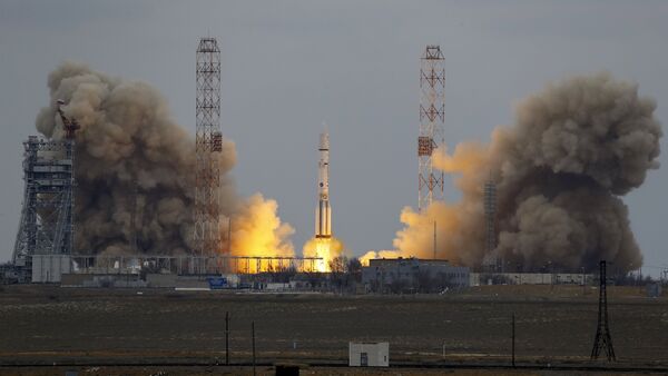 The Proton-M rocket, carrying the ExoMars 2016 spacecraft to Mars, blasts off from the launchpad at the Baikonur cosmodrome, Kazakhstan, March 14, 2016 The Proton-M rocket, carrying the ExoMars 2016 spacecraft to Mars, blasts off from the launchpad at the Baikonur cosmodrome, Kazakhstan, March 14, 2016 - Sputnik International