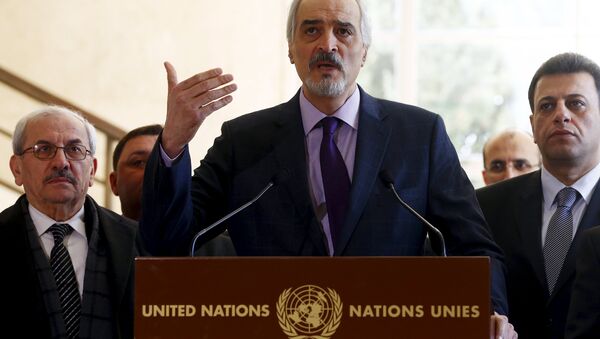 Syrian government's head of delegation, Bashar al-Jaafari speaks to media after a new round of negotiations between the U.N. with U.N. mediator for Syria Staffan de Mistura (not pictured) and Syrian government at the European headquarters of the United Nations in Geneva, Switzerland March 14, 2016 - Sputnik International