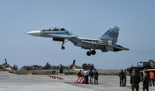 A Russian Air Force Su-30 aircraft takes off from the Hmeimim airbase A Russian Air Force Su-30 aircraft takes off from the Hmeimim airbase - Sputnik International