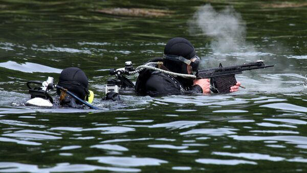Combat swimmer firing a special underwater machine gun (APS) - Sputnik International