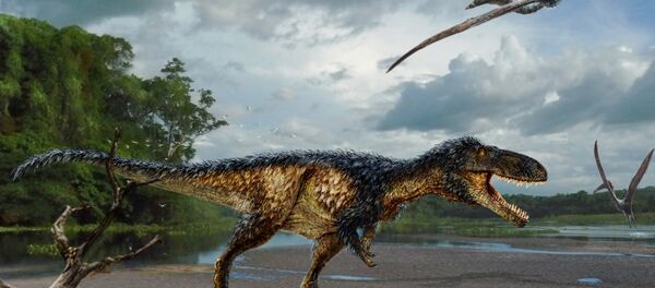 Life reconstruction of the new tyrannosaur “Timurlengia euotica” in its environment 90 million years ago. - Sputnik International