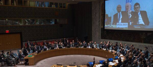 Staffan de Mistura, U.N. special envoy for Syria, is displayed on a video screen via video conference from Geneva, as the United Nations Security Council votes to support a resolution endorsing a cease-fire in Syria, Friday, Feb. 26, 2016 at United Nations headquarters Staffan de Mistura, U.N. special envoy for Syria, is displayed on a video screen via video conference from Geneva, as the United Nations Security Council votes to support a resolution endorsing a cease-fire in Syria, Friday, Feb. 26, 2016 at United Nations headquarters - Sputnik International