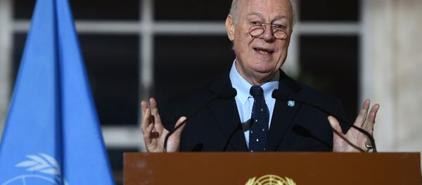 United Nations Syria envoy Staffan de Mistura speaks during a press conference in Geneva on March 15, 2016, on the second round of Syrian peace talks at the UN headquarters United Nations Syria envoy Staffan de Mistura speaks during a press conference in Geneva on March 15, 2016, on the second round of Syrian peace talks at the UN headquarters - Sputnik International