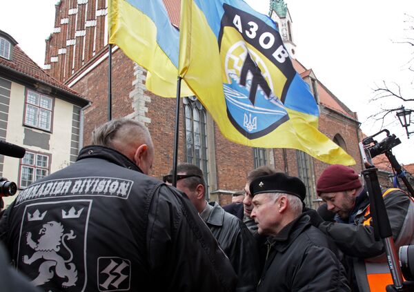 Ukrainian Azov Battalion members participate in SS veterans' march in Riga, file photo. - Sputnik International