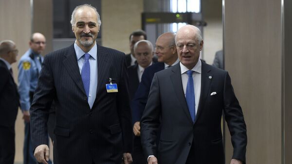 Syrian Ambassador to the United Nations (UN) and Head of the Government delegation Bashar al-Jaafari, left, and UN Special Envoy of the Secretary-General for Syria Staffan de Mistura, right, arrive to participate to new round of negotiations between the Syrian government and UN Special Envoy of the Secretary-General for Syria Staffan de Mistura at the United Nations Office in Geneva, on Wednesday, March 16, 2016 - Sputnik International