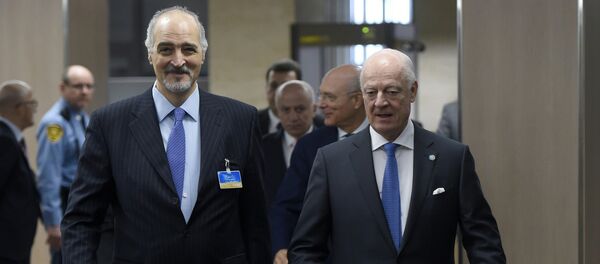 Syrian Ambassador to the United Nations (UN) and Head of the Government delegation Bashar al-Jaafari, left, and UN Special Envoy of the Secretary-General for Syria Staffan de Mistura, right, arrive to participate to new round of negotiations between the Syrian government and UN Special Envoy of the Secretary-General for Syria Staffan de Mistura at the United Nations Office in Geneva, on Wednesday, March 16, 2016 Syrian Ambassador to the United Nations (UN) and Head of the Government delegation Bashar al-Jaafari, left, and UN Special Envoy of the Secretary-General for Syria Staffan de Mistura, right, arrive to participate to new round of negotiations between the Syrian government and UN Special Envoy of the Secretary-General for Syria Staffan de Mistura at the United Nations Office in Geneva, on Wednesday, March 16, 2016 - Sputnik International