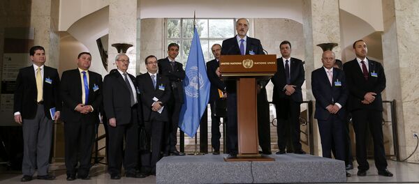 Syrian government delegation headed by Bashar al-Jaafari attends a news conference after a meeting on Syria at the European headquarters of the United Nations in Geneva, Switzerland, March 16, 2016 Syrian government delegation headed by Bashar al-Jaafari attends a news conference after a meeting on Syria at the European headquarters of the United Nations in Geneva, Switzerland, March 16, 2016 - Sputnik International