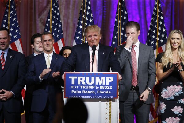Republican presidential candidate Donald Trump speaks to supporters at his primary election night event at his Mar-a-Lago Club in Palm Beach, Fla., Tuesday, March 15, 2016. Republican presidential candidate Donald Trump speaks to supporters at his primary election night event at his Mar-a-Lago Club in Palm Beach, Fla., Tuesday, March 15, 2016. - Sputnik International