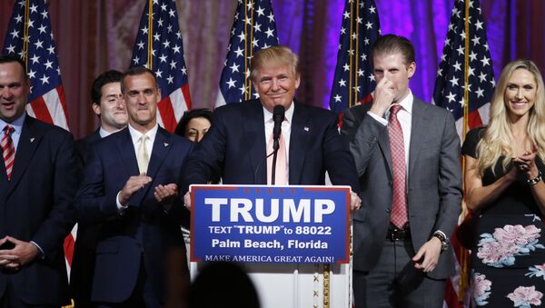 Republican presidential candidate Donald Trump speaks to supporters at his primary election night event at his Mar-a-Lago Club in Palm Beach, Fla., Tuesday, March 15, 2016. - Sputnik International