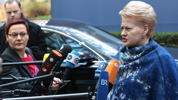 Lithuanian President Dalia Grybauskaite speaks with the media as she arrives for an EU summit at the EU Council building in Brussels on Thursday, March 17, 2016. - Sputnik International