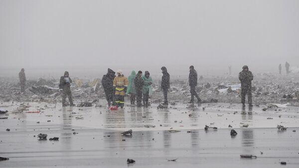 Emergencies Ministry members work at the crash site of a Boeing 737-800 Flight FZ981 operated by Dubai-based budget carrier Flydubai, at the airport of Rostov-On-Don, Russia, March 19, 2016. - Sputnik International