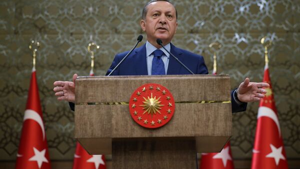 Turkish President Recep Tayyip Erdogan addresses a meeting of local administrators at his palace in Ankara, Turkey, Wednesday, March 16, 2016. Tayyip Erdogan says US and Russian weapons are ending up in the hands of the Kurdistan workers' Party, or PKK, which his country considers a terrorist organization - Sputnik International