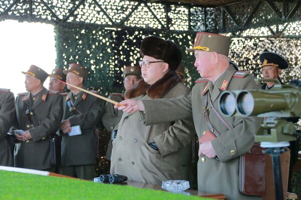 North Korean leader Kim Jong Un watches landing and anti-landing exercises being carried out by the Korean People's Army (KPA) at an unknown location, in this undated photo released by North Korea's Korean Central News Agency (KCNA) in Pyongyang on March 20, 2016 North Korean leader Kim Jong Un watches landing and anti-landing exercises being carried out by the Korean People's Army (KPA) at an unknown location, in this undated photo released by North Korea's Korean Central News Agency (KCNA) in Pyongyang on March 20, 2016 - Sputnik International